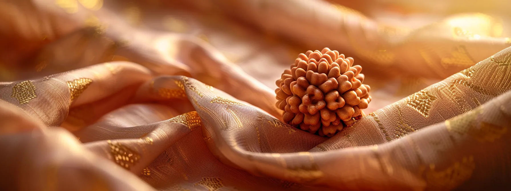 a close-up shot of a shimmering sixteen mukhi rudraksha bead resting on a bed of soft, golden silk, radiating a serene and powerful energy.