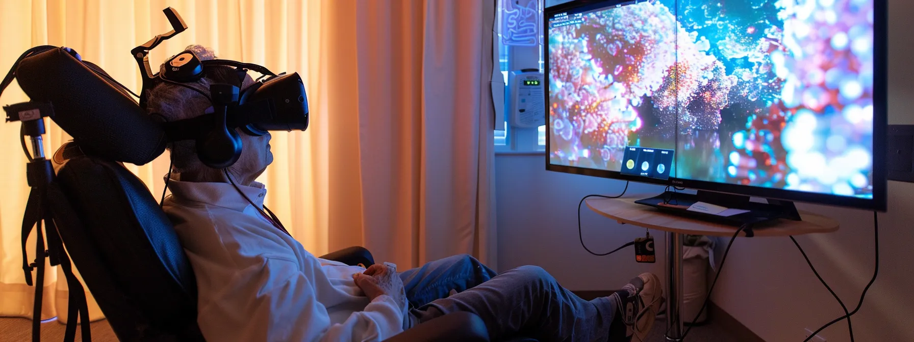 a patient undergoing virtual reality exposure therapy surrounded by immersive computer-generated environments, enhancing synaptic plasticity and promoting ptsd recovery.