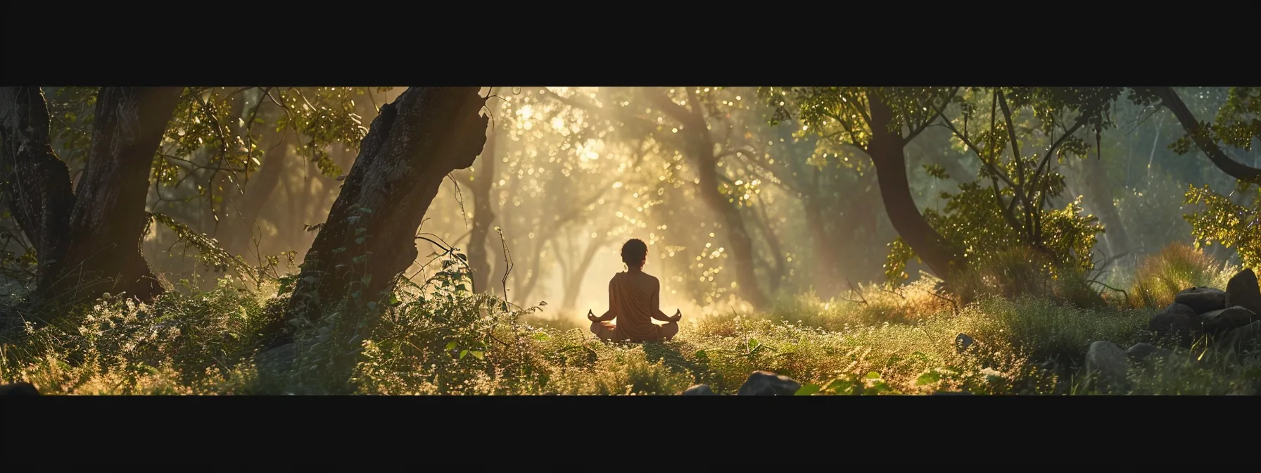 a peaceful individual meditating in a serene natural setting with the sun shining through the trees, surrounded by positive energy and tranquility.