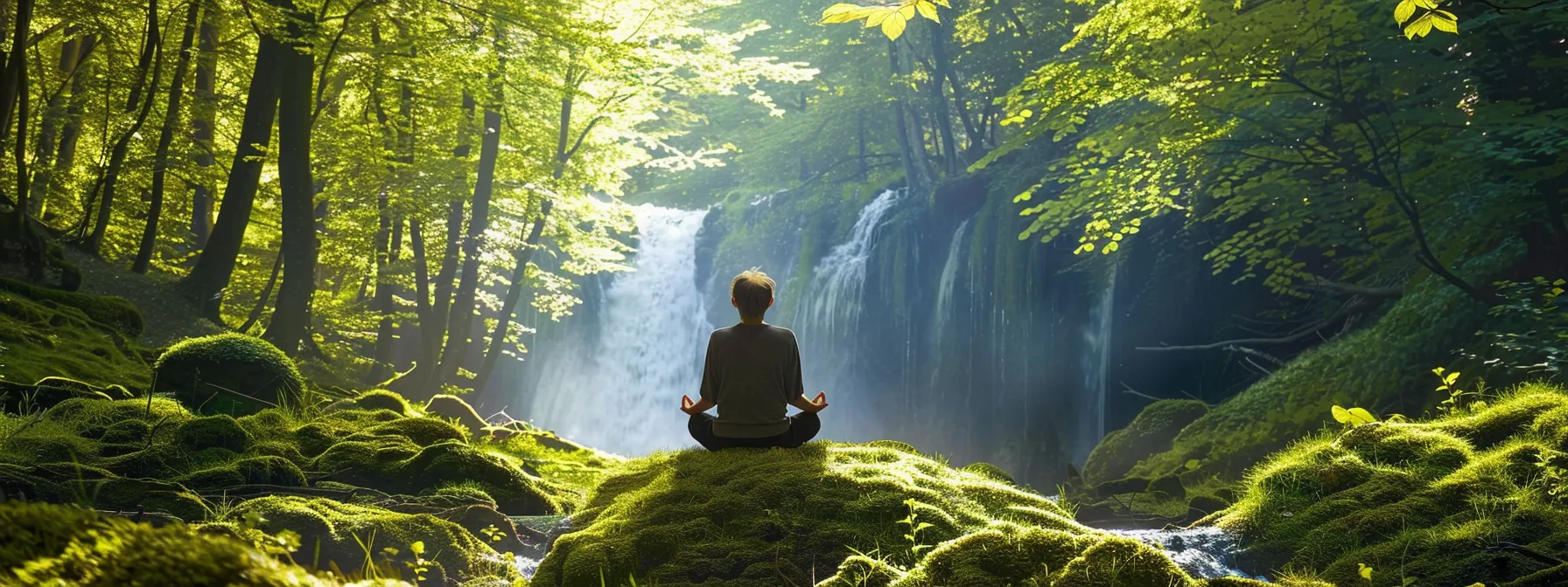 a person meditating in a peaceful forest clearing, surrounded by vibrant green trees and the soothing sound of a nearby waterfall.