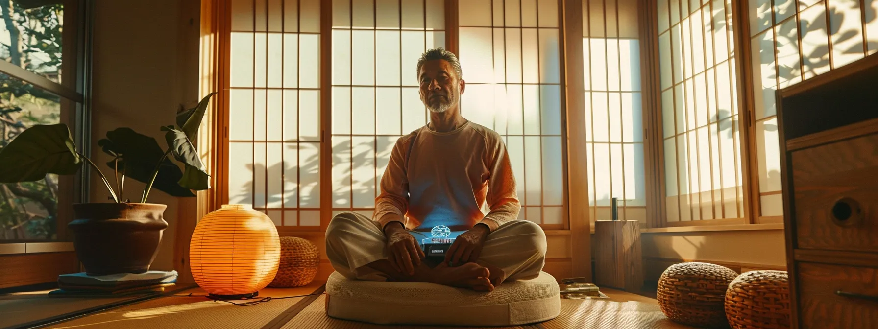 a person sitting calmly in a peaceful room with a biofeedback device, surrounded by supportive resources and tools for managing ptsd symptoms.