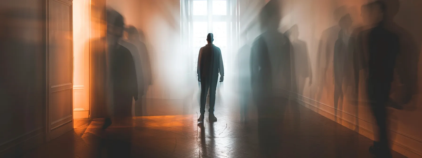 a person standing in a dimly lit room, surrounded by shadowy figures representing the haunting flashbacks and heightened stress responses of ptsd.