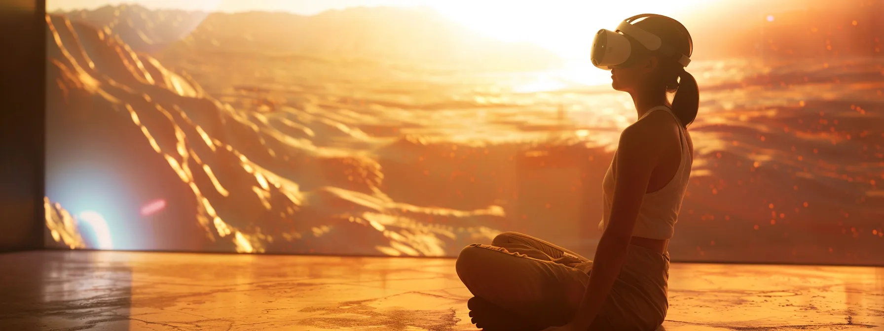 a person surrounded by a virtual reality calming landscape, showing the power of technology in stress relief.