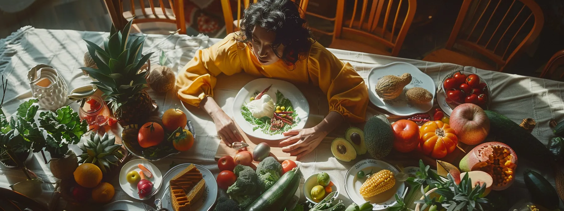 a person surrounded by colorful fruits and vegetables, engaged in a deep conversation with a group of supportive friends around a well-set dining table.