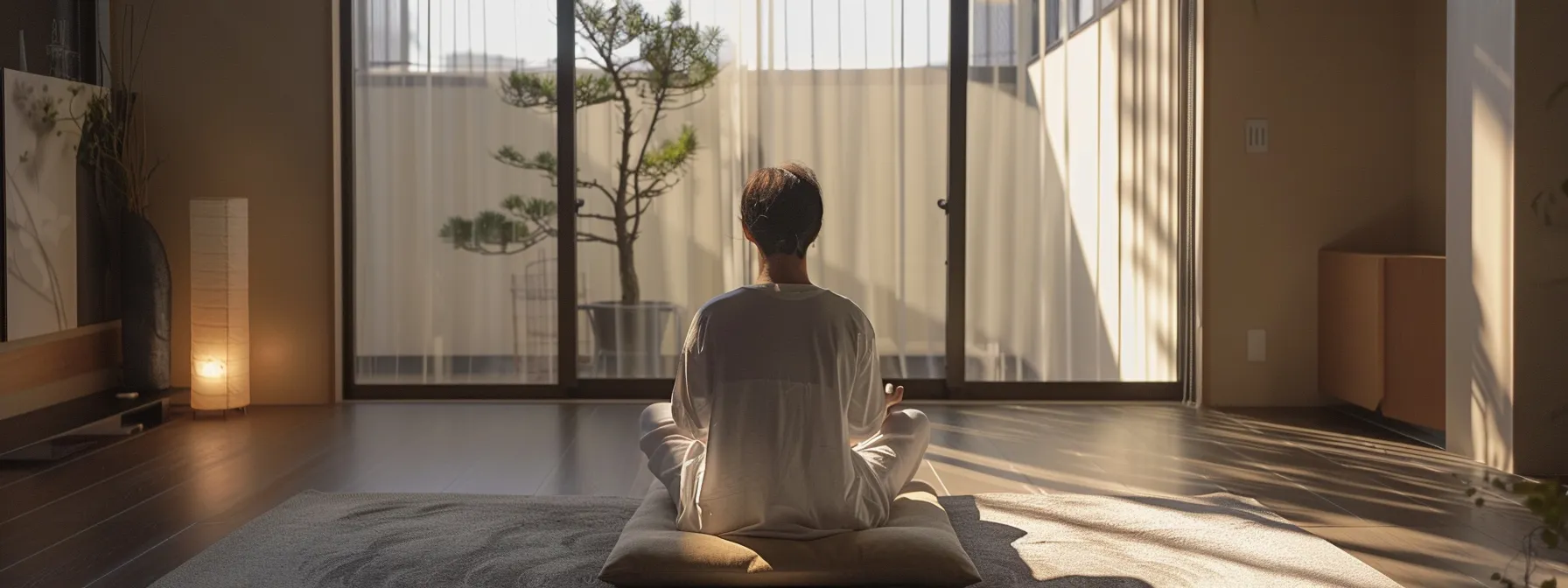 a serene individual in a calming environment practicing heartmath techniques to improve emotional stability and mental wellbeing.