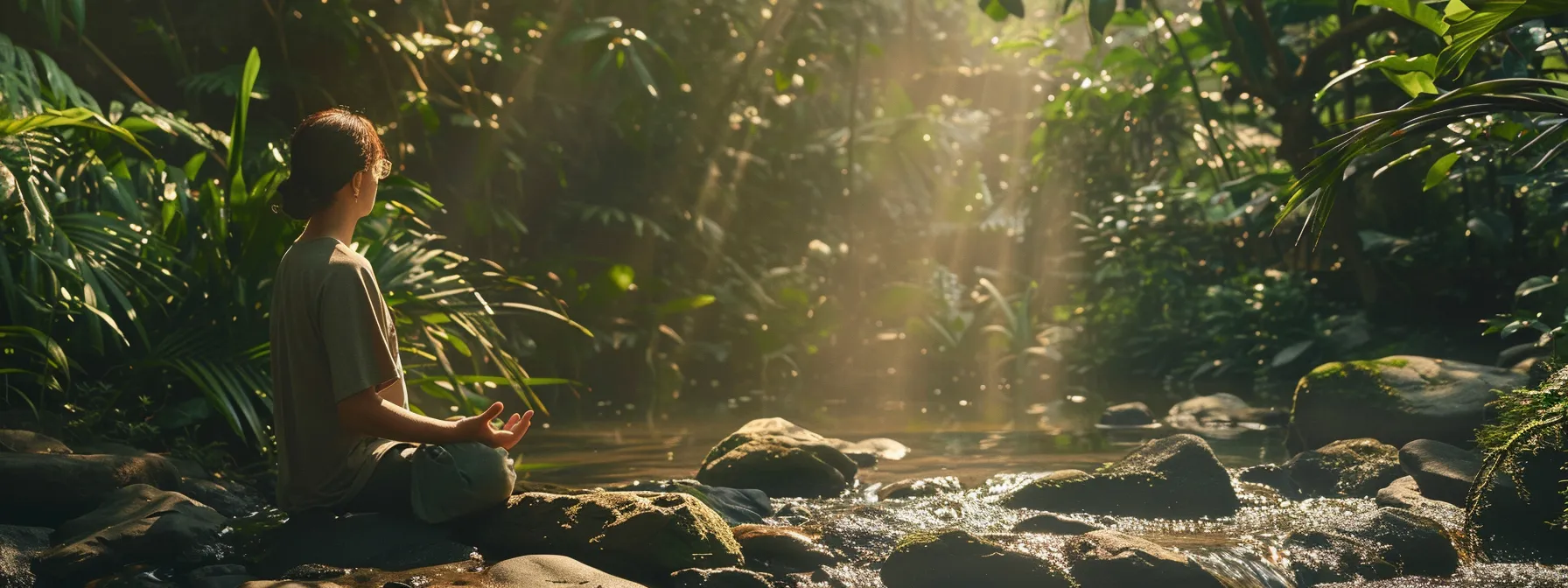 a serene individual meditating in a tranquil forest setting, surrounded by vibrant greenery and gently flowing streams, embodying a sense of calm and inner peace.