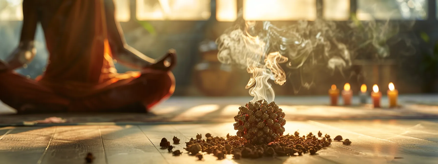 a serene individual meditating in front of a shining sixteen mukhi rudraksha bead, surrounded by incense smoke and soft candlelight.