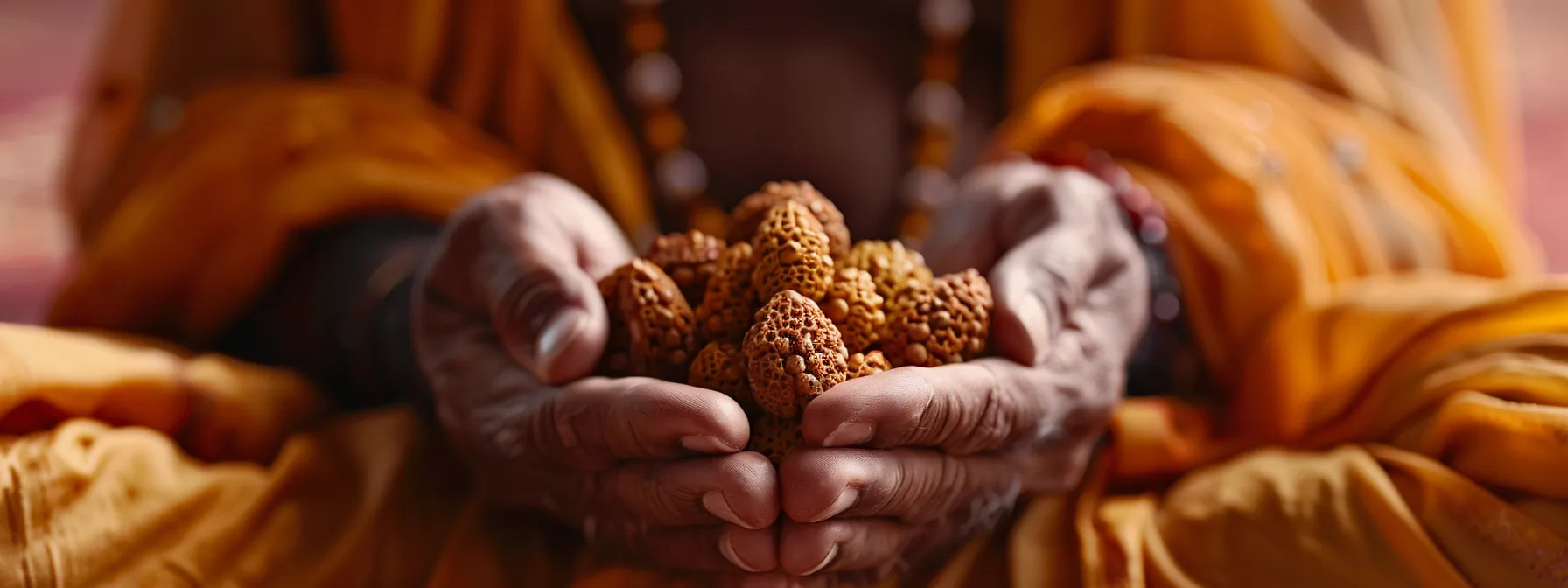 a serene individual wearing a sixteen mukhi rudraksha bead sits in deep meditation, radiating inner peace and spiritual enlightenment.