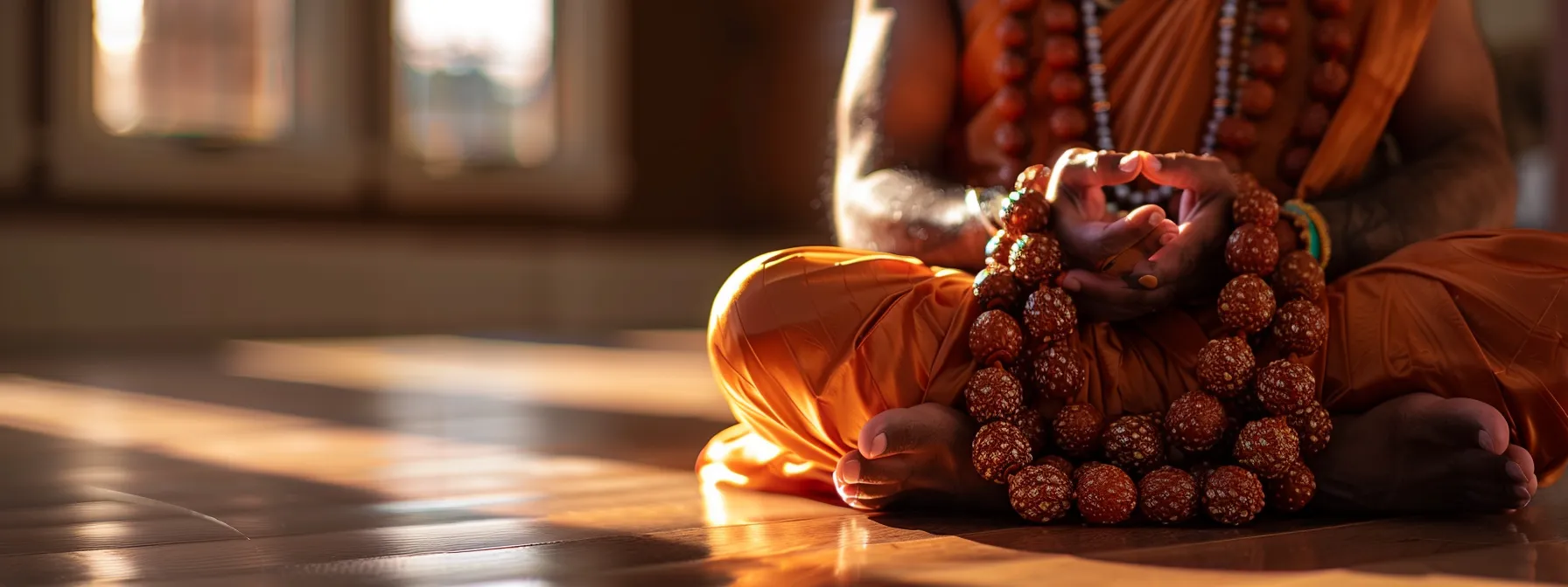 a serene meditator wearing a sixteen mukhi rudraksha bead, radiating inner strength and wisdom in a tranquil setting.