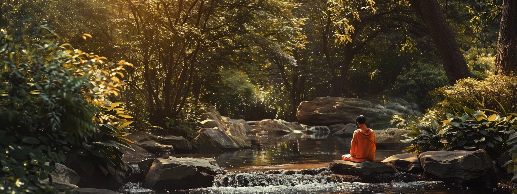 a serene setting with a person practicing the quick coherence technique, surrounded by calming nature, focusing on their heart center.