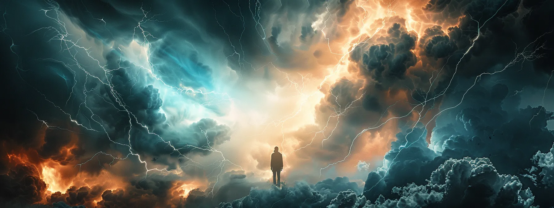 a solitary figure standing in a storm, surrounded by turbulent skies and a glimmer of light breaking through the dark clouds, representing the resilience and vulnerability of the human brain to trauma.