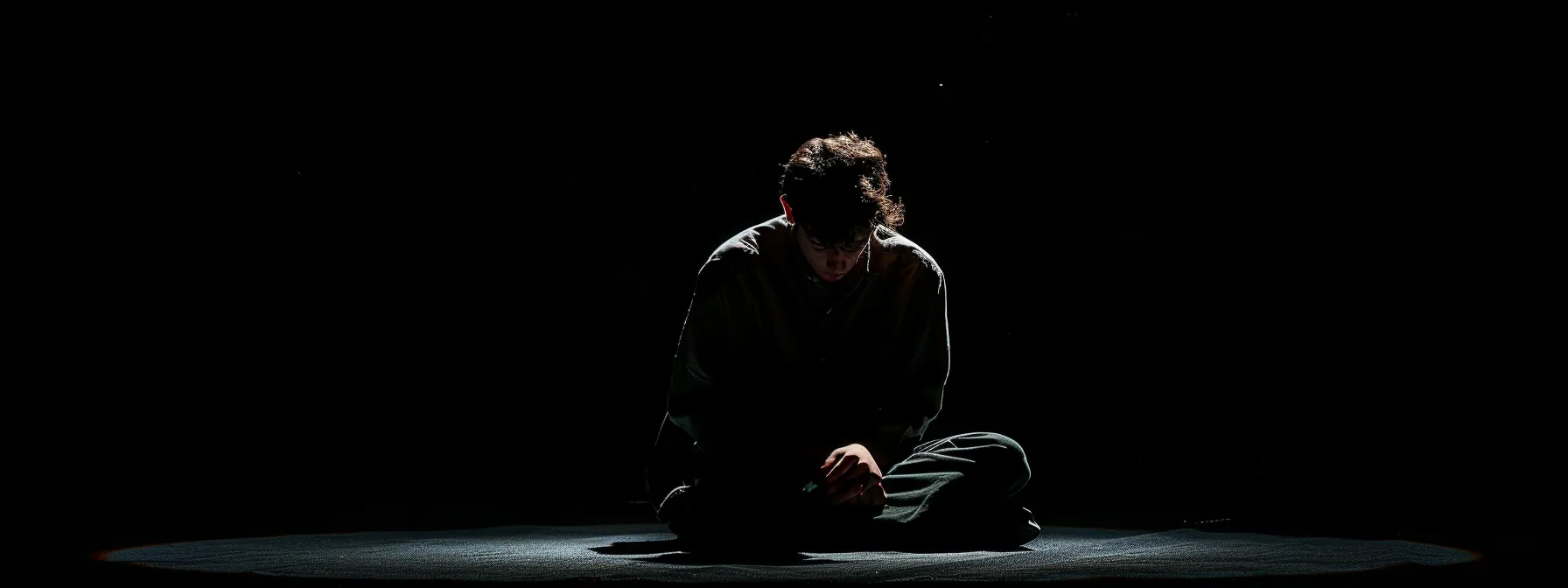 a tense and anxious individual sitting hunched over in a dark room, surrounded by shadows, portraying the symptoms of ptsd.