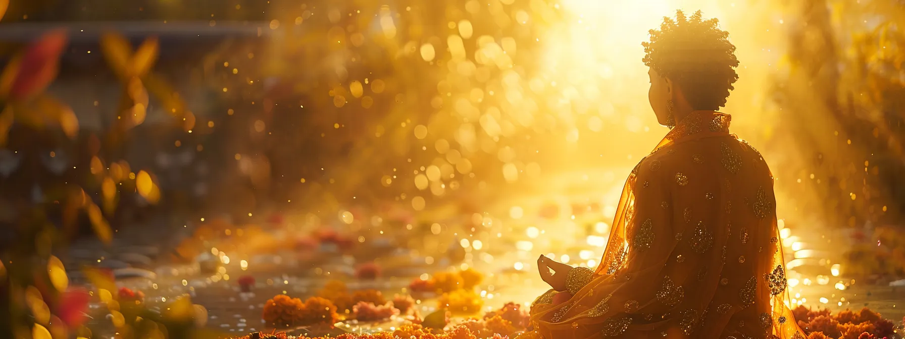 a tranquil meditator bathed in golden light, adorned with a shimmering sixteen mukhi rudraksha bead, deep in spiritual contemplation.