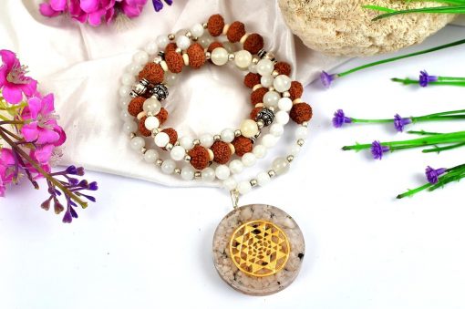 10 Mukhi Rudraksha and Moonstone Mala for Sacral Chakra to Soothes the emotional body and evokes inner joy and happiness