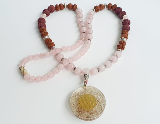 7 Mukhi Rudraksha and Rose Quartz Mala for Sacred Heart Chakra to Fosters qualities of empathy and forgiveness and attracts prosperity