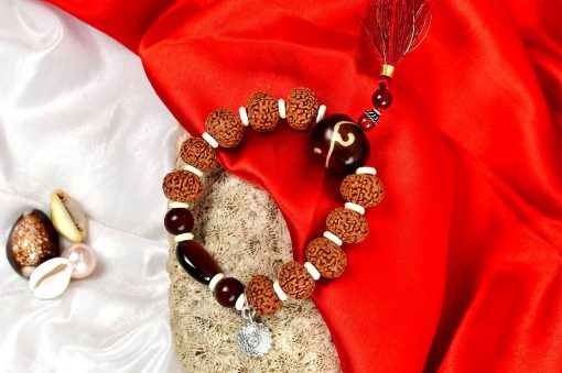 9 Mukhi Rudraksha with Gomed and Red Sandalwood Bracelet for Crown Chakra to Instill optimism and contentment and opens the wearer to higher consciousness