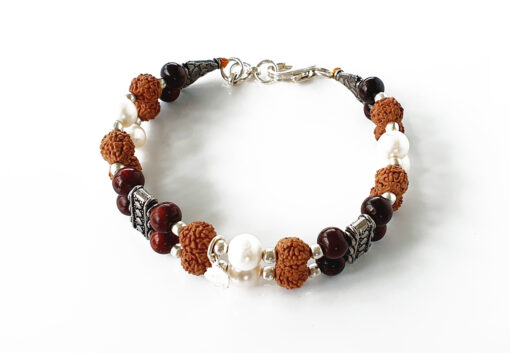 6 Mukhi Rudraksha Mars Double Turn Bracelet - Pearl & Red Sandalwood