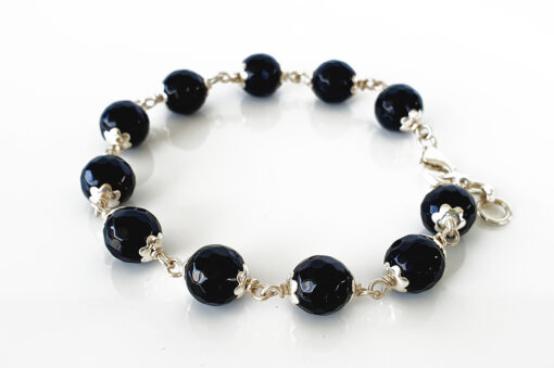 Black agate faceted bracelet in pure silver flower caps - To enhances confidence