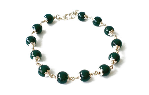 Green Agate Bracelet in pure silver flower caps- To overcome negativity, trauma and hurt