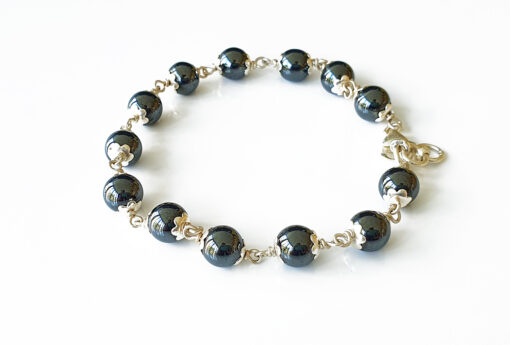 Hematite Bracelet in pure silver flower caps - To brings calmness, balance and clarity