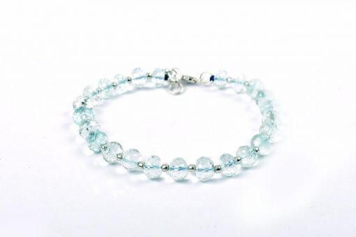 Aquamarine button shape bracelet with silver balls - Faceted beads