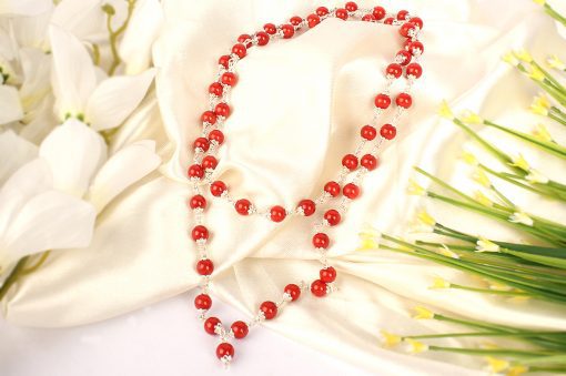 Coral Mala in pure silver flower caps