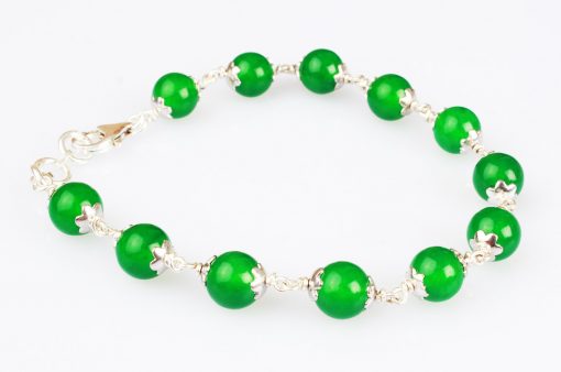 Green Agate Bracelet in pure silver flower caps- To overcome negativity, trauma and hurt