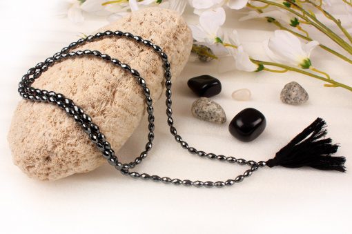 Hematite Faceted Drumshape Necklace Mala -For healing, meditation and protection