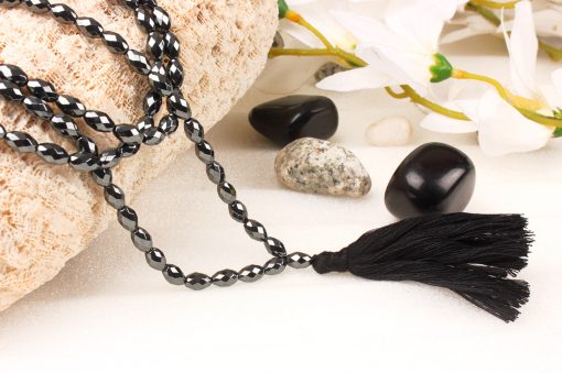 Hematite Faceted Drumshape Necklace Mala -For healing, meditation and protection