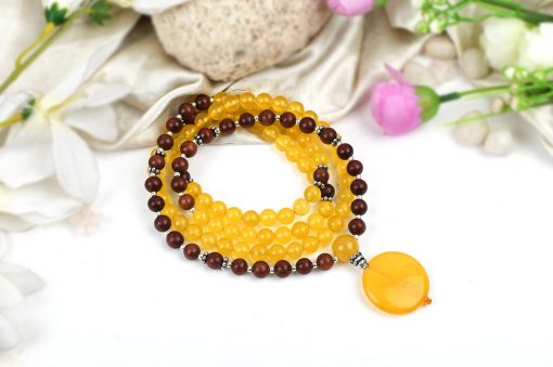 Yellow Jade and Red Sandal Beads Necklace Mala - To attracts wealth and financial abundance