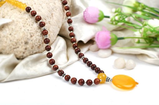 Yellow Jade and Red Sandal Beads Necklace Mala - To attracts wealth and financial abundance