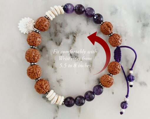 5 Mukhi Rudraksha and Amethyst Bracelet for Crown Chakra to Promotes spiritual faith by naturally developing a sense of gratitude