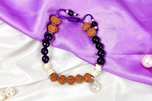 5 Mukhi Rudraksha and Amethyst Bracelet for Crown Chakra to Promotes spiritual faith by naturally developing a sense of gratitude