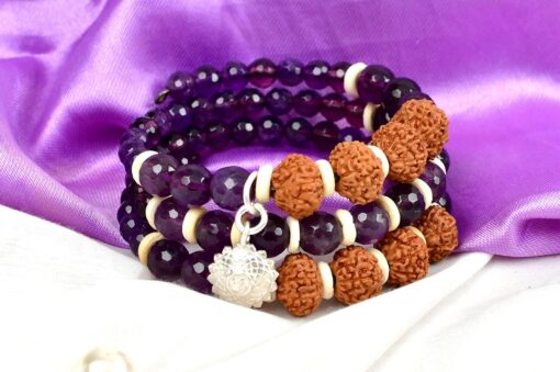 5 Mukhi Rudraksha and Amethyst Bracelet for Crown Chakra to Helps maintain the balance between feelings and expression