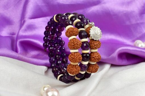 5 Mukhi Rudraksha and Amethyst Bracelet for Crown Chakra to Helps maintain the balance between feelings and expression