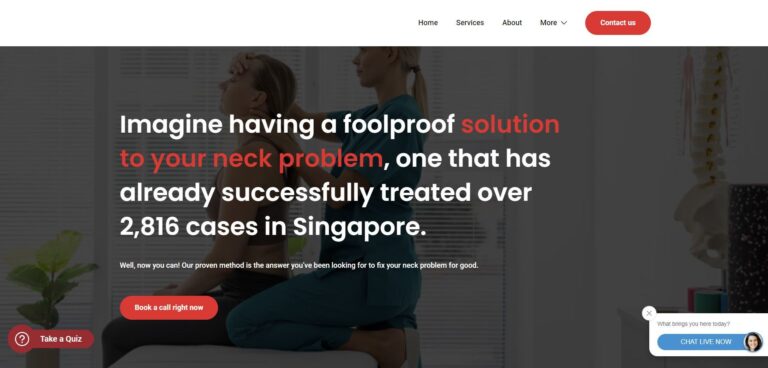 A web page showcasing chiropractic care services for neck pain relief with two individuals and text highlighting over 2,816 successful cases in Singapore.