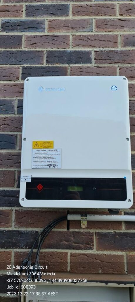 GoodWe GW10KAU-DT inverter mounted on a brick wall with location details in Mickleham, Victoria.