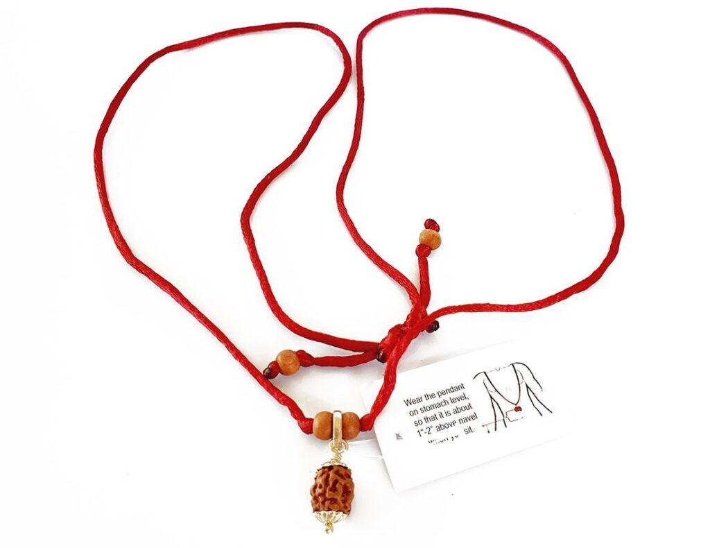 Red thread necklace with a 3 mukhi Rudraksha bead pendant set in silver, accompanied by small wooden beads and an instruction tag.