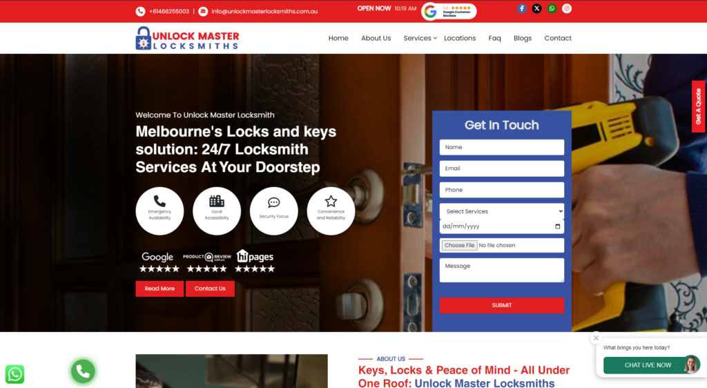 Screenshot of Unlock Master Locksmiths website with service details and contact form.