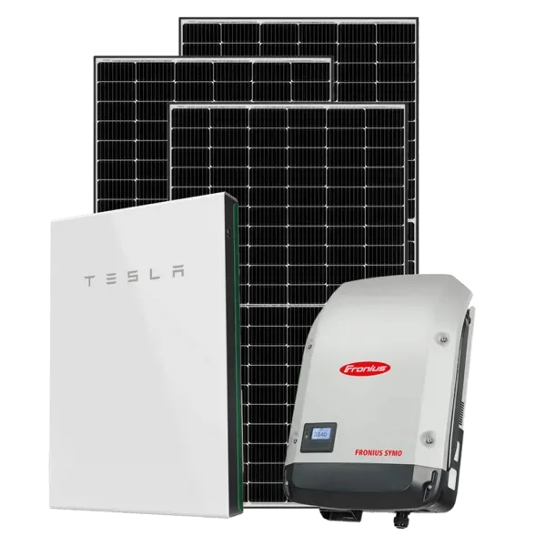 Image of Tesla Powerwall battery, Fronius Symo inverter, and Trina solar panels.