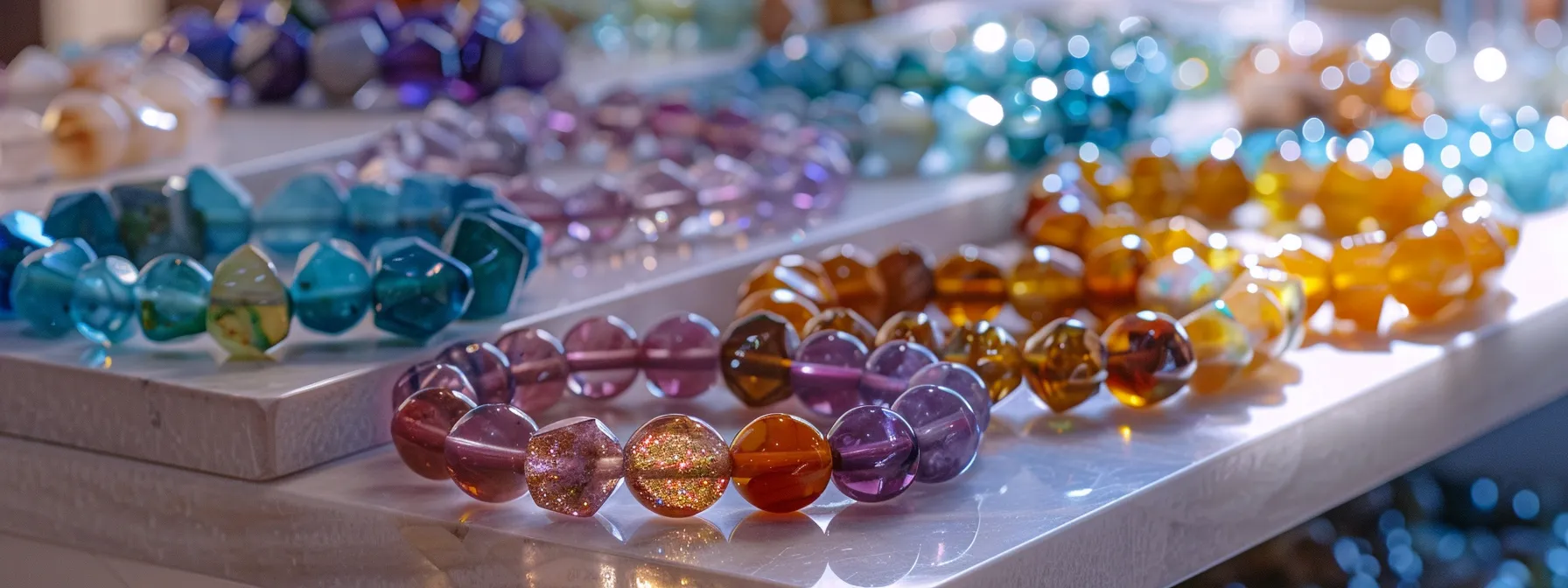 a display of colorful healing crystal bracelets on a sleek white table.