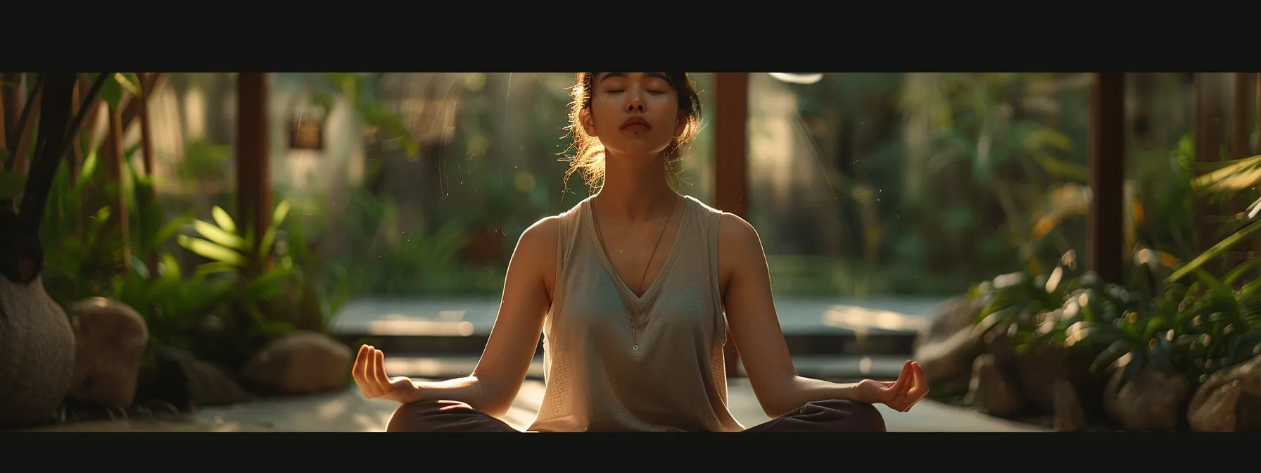 a person sitting in a peaceful setting, with eyes closed and hands in a meditative pose, surrounded by nature.