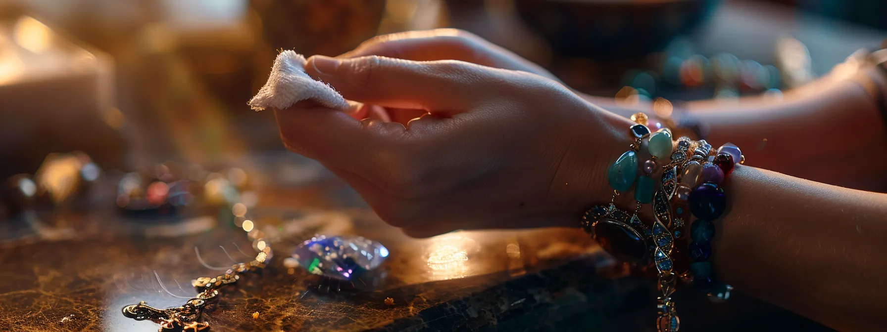 a person gently cleaning a gemstone and charm bracelet with a soft cloth and mild soap.