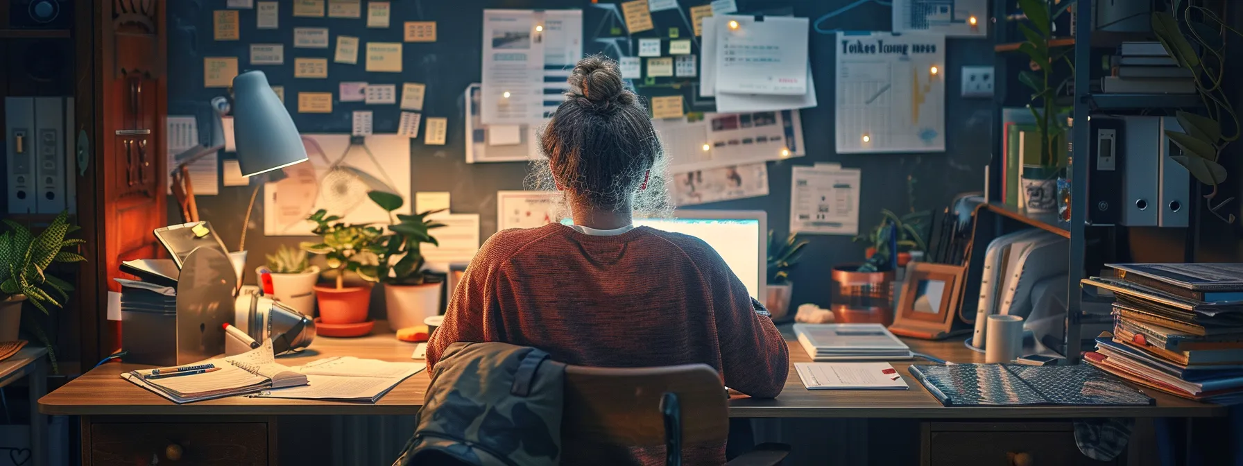 a person researching tuition fees on a laptop while sitting at a desk, surrounded by financial planning materials.