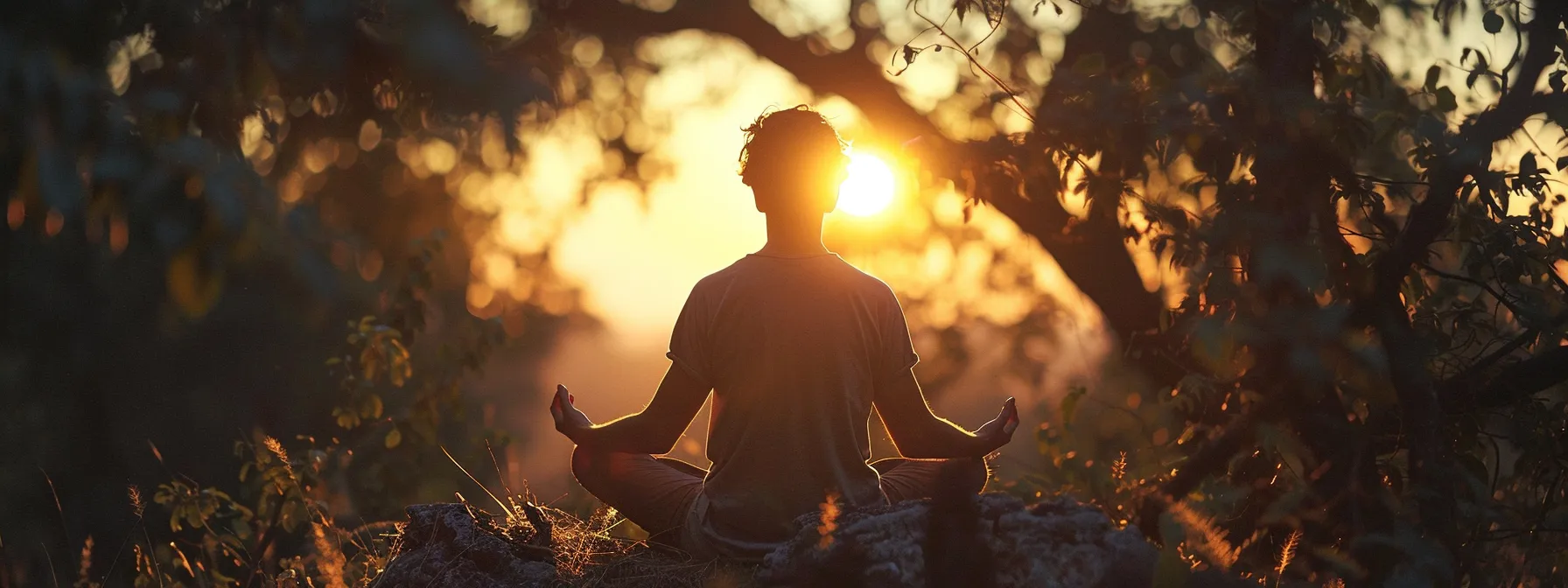 a person meditating in front of a peaceful sunset, surrounded by nature.