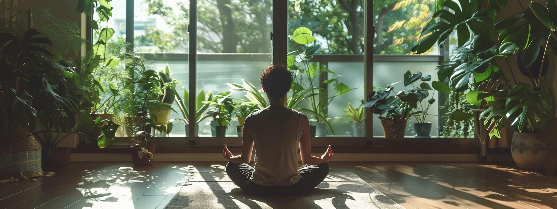 a person meditating in a peaceful room, surrounded by plants and natural light.