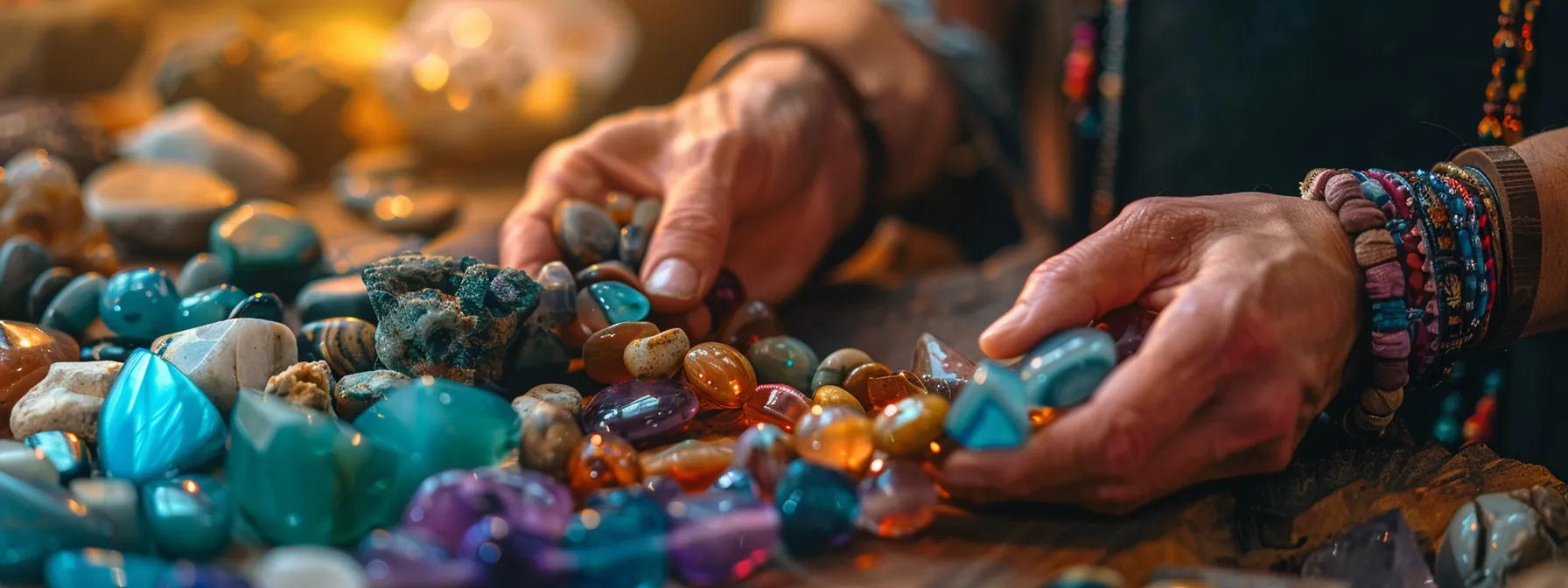 a person carefully arranging different gemstones to create a healing bracelet with amplified effects.