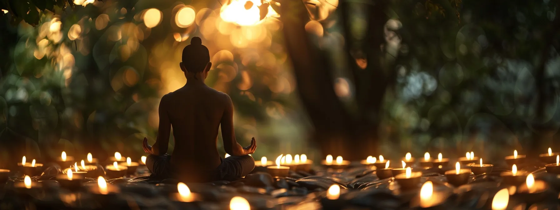 a person sitting in a peaceful meditative pose with eyes closed, surrounded by soft candlelight and nature sounds, deep in thought and reflection.