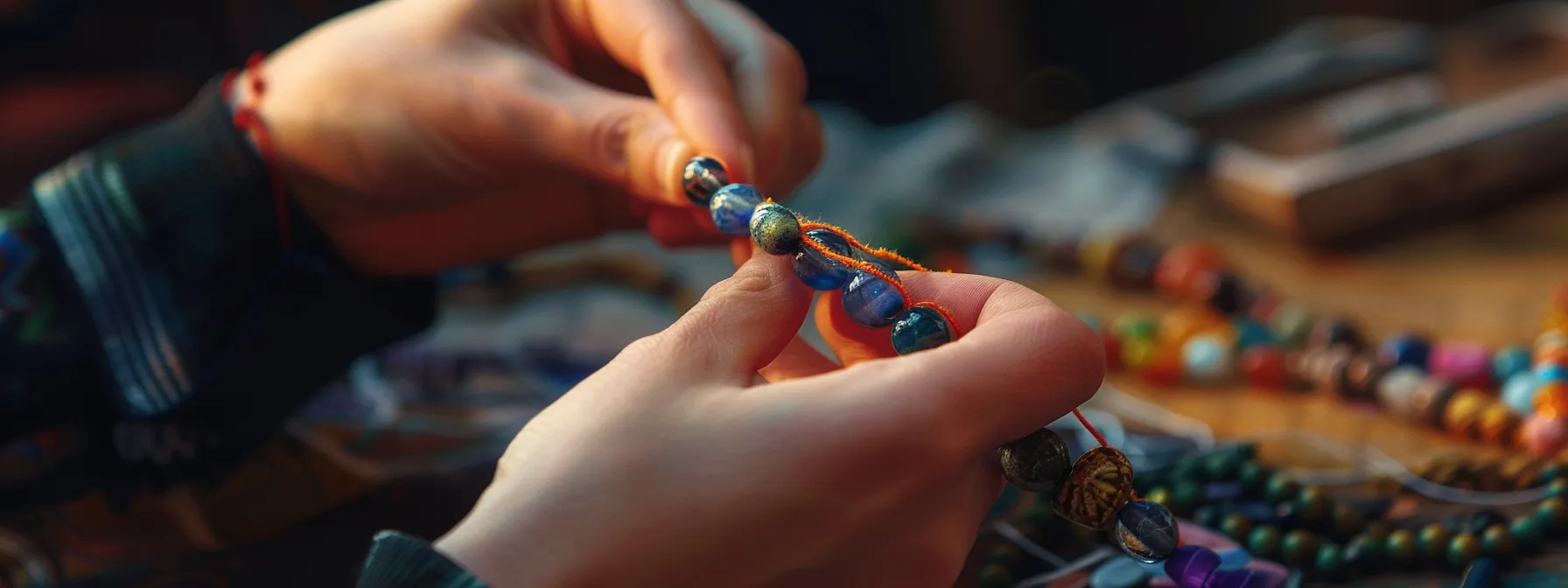 a person carefully threading colorful natural stones onto elastic thread to create a stress relief bracelet.