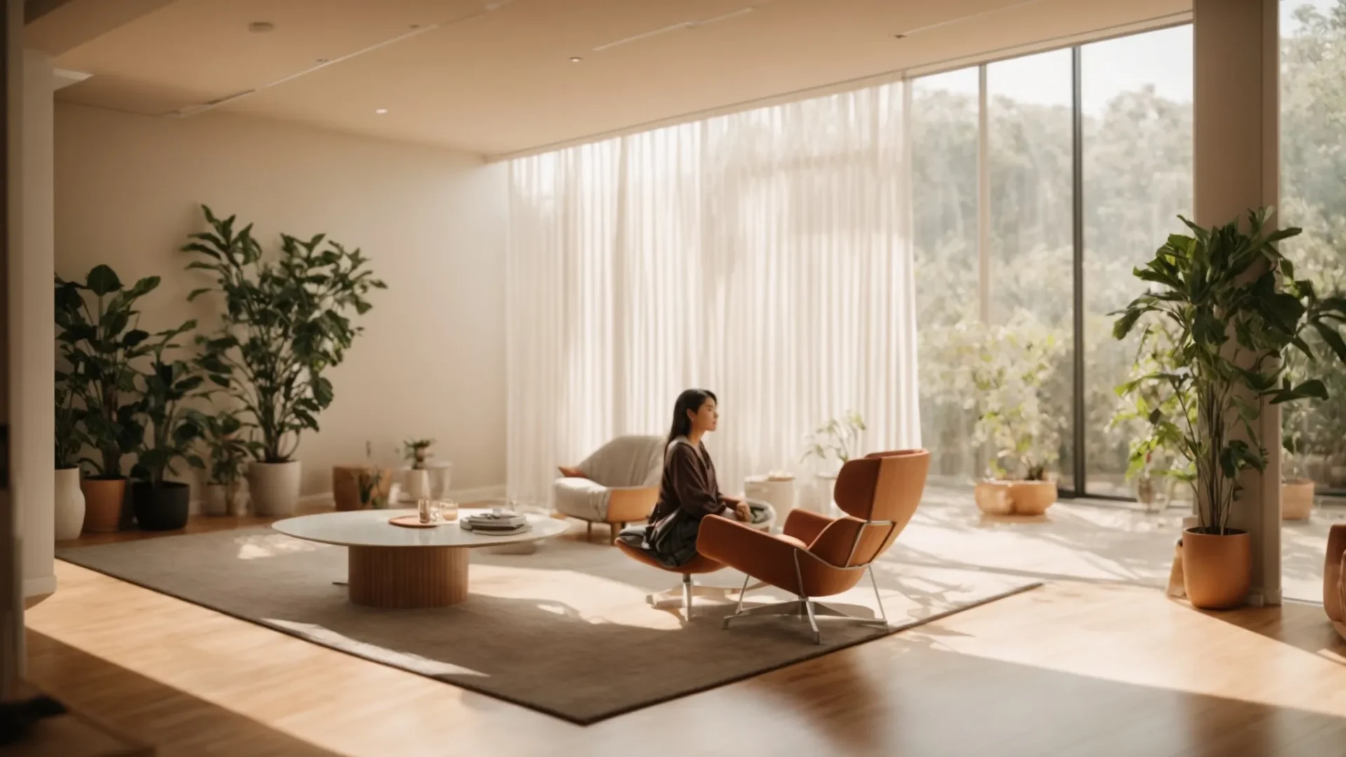 a serene room with a client and facilitator sitting opposite each other, surrounded by calming decor and soothing scents, creating an atmosphere of openness and comfort for a successful psych-k session.